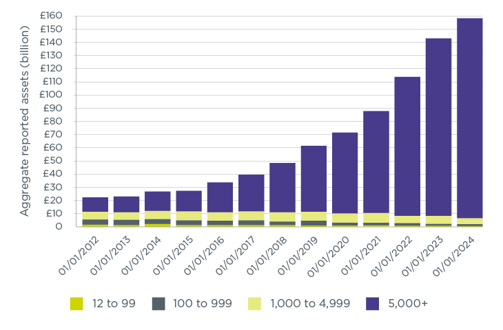 Figure 4: Aggregate reported assets in occupational DC schemes by membership size group (excluding hybrid schemes and micro schemes) (2012-2024)