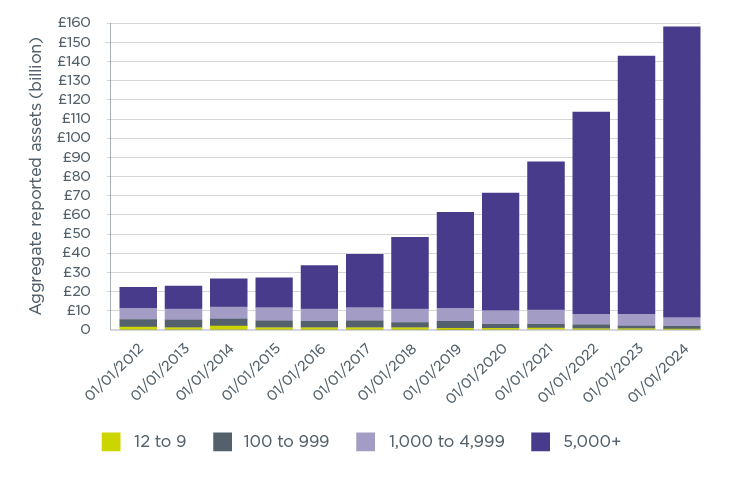 Figure 4: Aggregate reported assets in occupational DC schemes by membership size group (excluding hybrid schemes and micro schemes) (2012-2024)