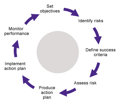 Set objectives; identify risks; define success criteria; assess risk; produce action plan; implement action plan; monitor performance; set objectives.