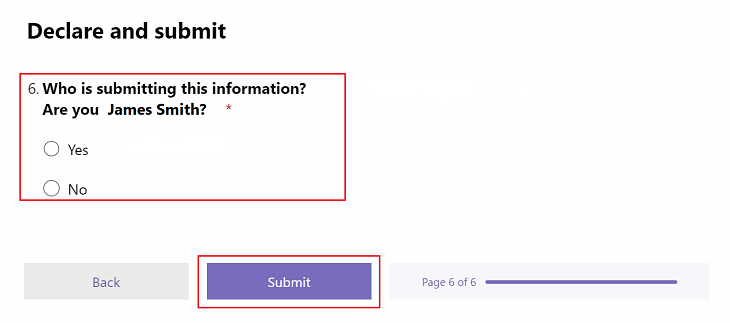 A screen shot of the declare and submit section of the part 1 scheme return form. The submit button at the bottom of the form is highlighted.